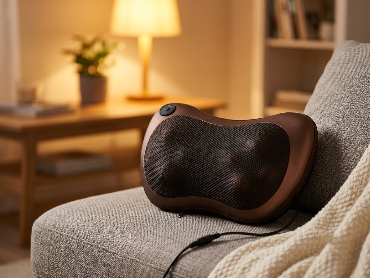 A brown and black neck and shoulder massage pillow resting on a gray fabric armchair in a cozy, warmly lit living room.