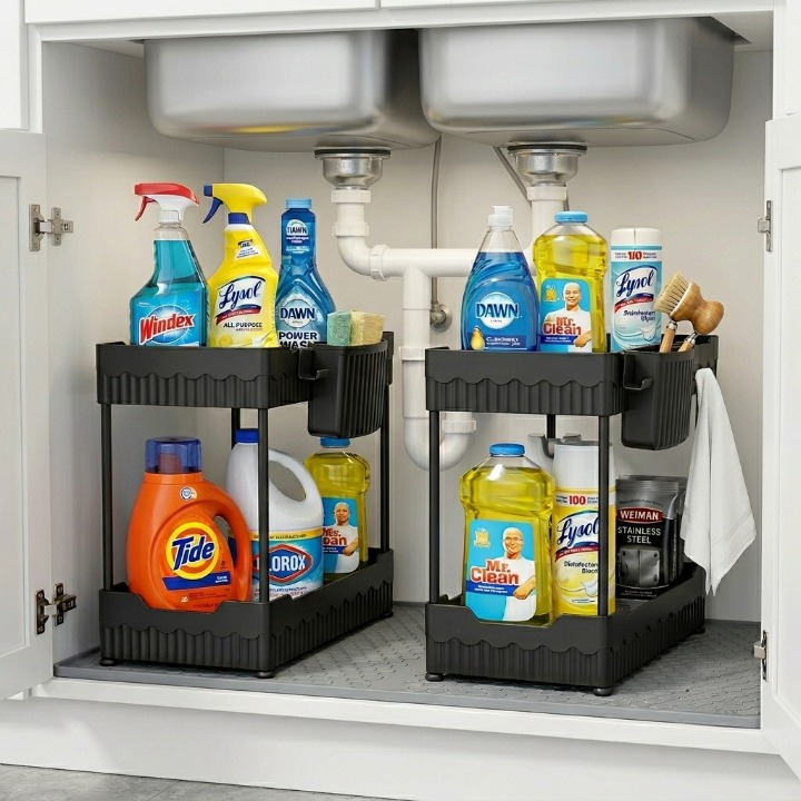 Under-sink cabinet organization system with cleaning supplies.