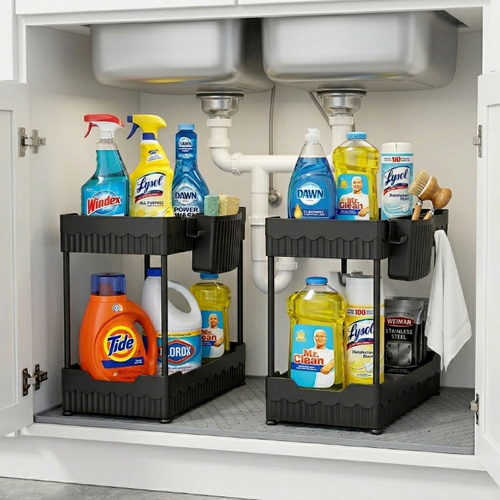 Under-sink cabinet organization system with cleaning supplies.