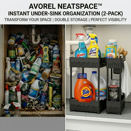 Before and after comparison of a cluttered under-sink area and a clean, organized one with AvoRel Neatspace storage solution.