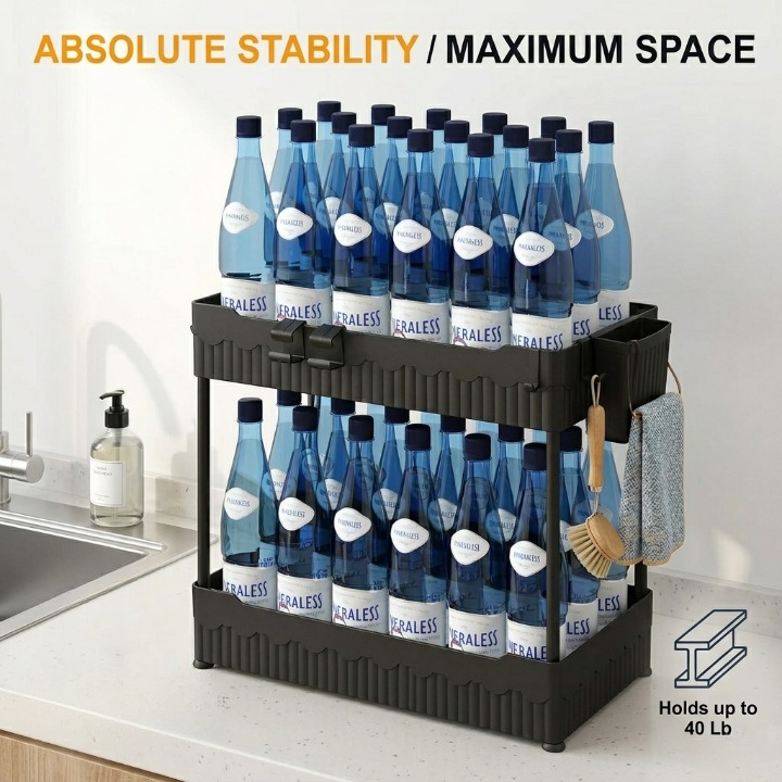 Black bottle rack holding multiple blue bottles on a kitchen counter with text 'Absolute Stability / Maximum Space'.
