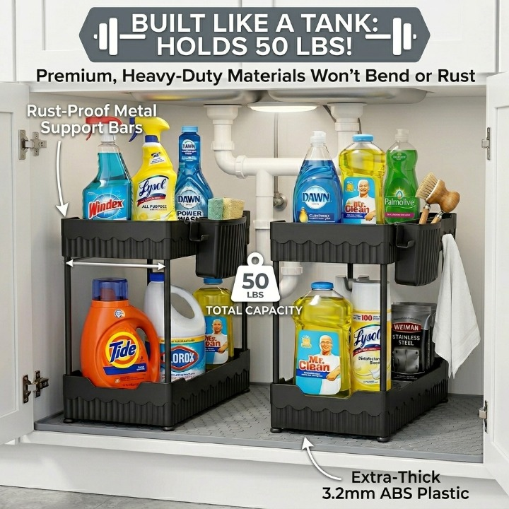Under-cabinet organizer with cleaning supplies and text highlighting capacity and material strength.