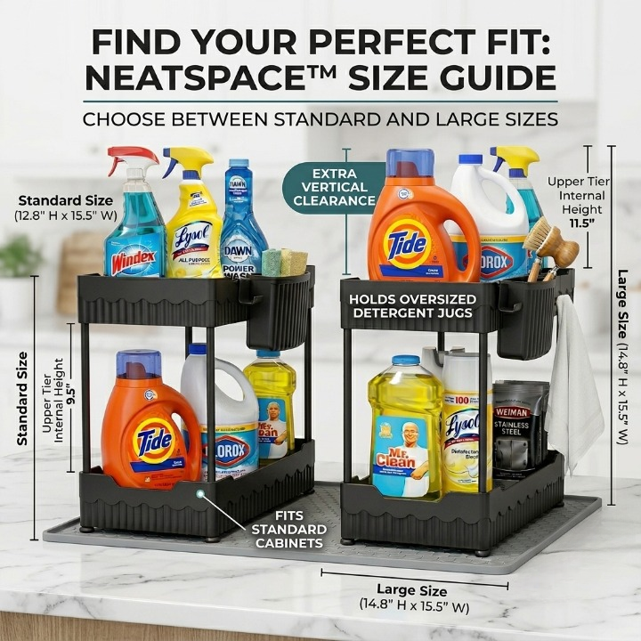 Neatspace size guide for organizing cleaning supplies with dimensions and product examples.