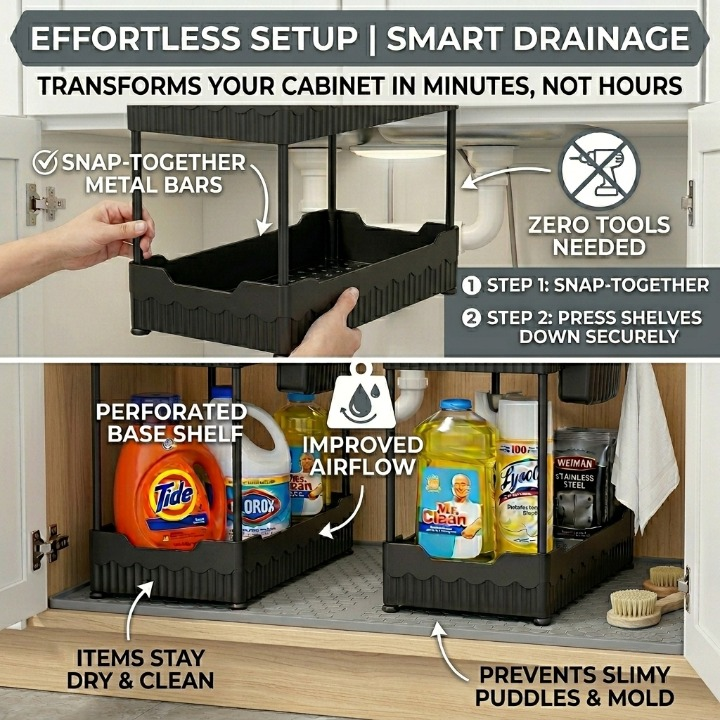 Under-cabinet organizer with text highlighting features like snap-together metal bars, zero tools needed setup, improved airflow, and preventing slimy puddles and mold.