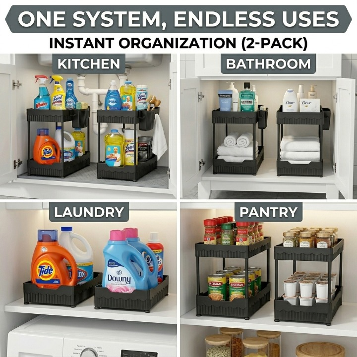 Collage of kitchen, bathroom, laundry, and pantry uses for a two-pack of storage organizers.