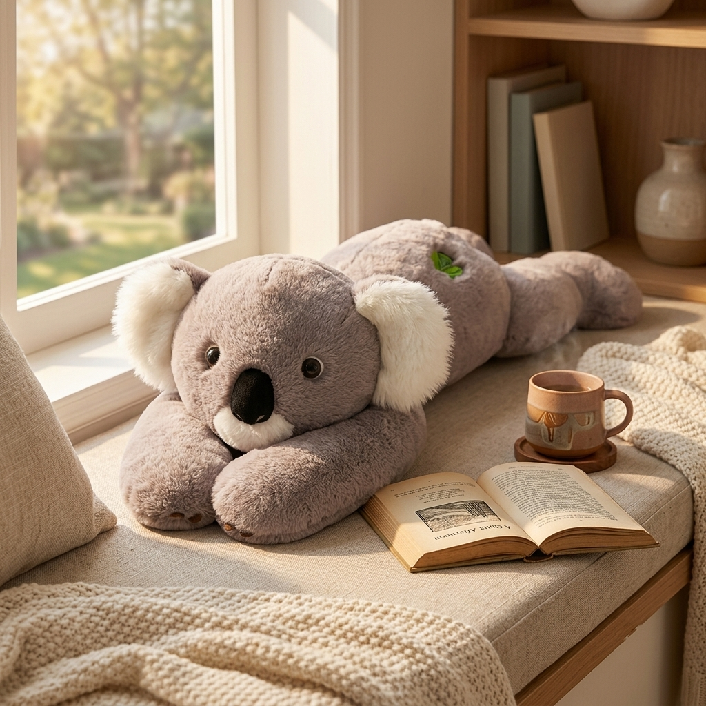 A large plush koala toy resting on a cushioned window seat beside an open book and a ceramic mug, with a warm window and bookshelf in the background.