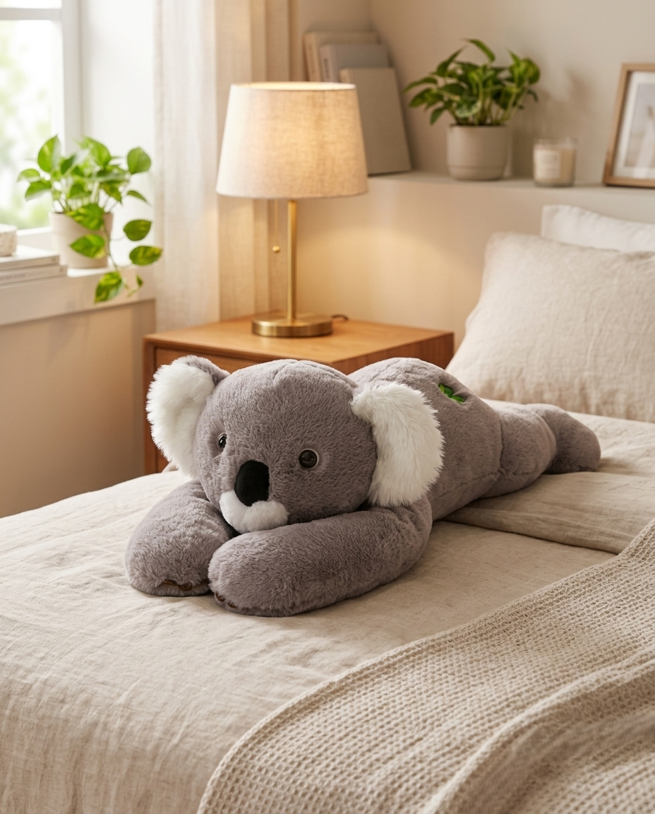A plush koala toy lying on a beige bed in a softly lit bedroom. The toy is gray with white ears and muzzle details, and a small green leaf detail is visible on its side.