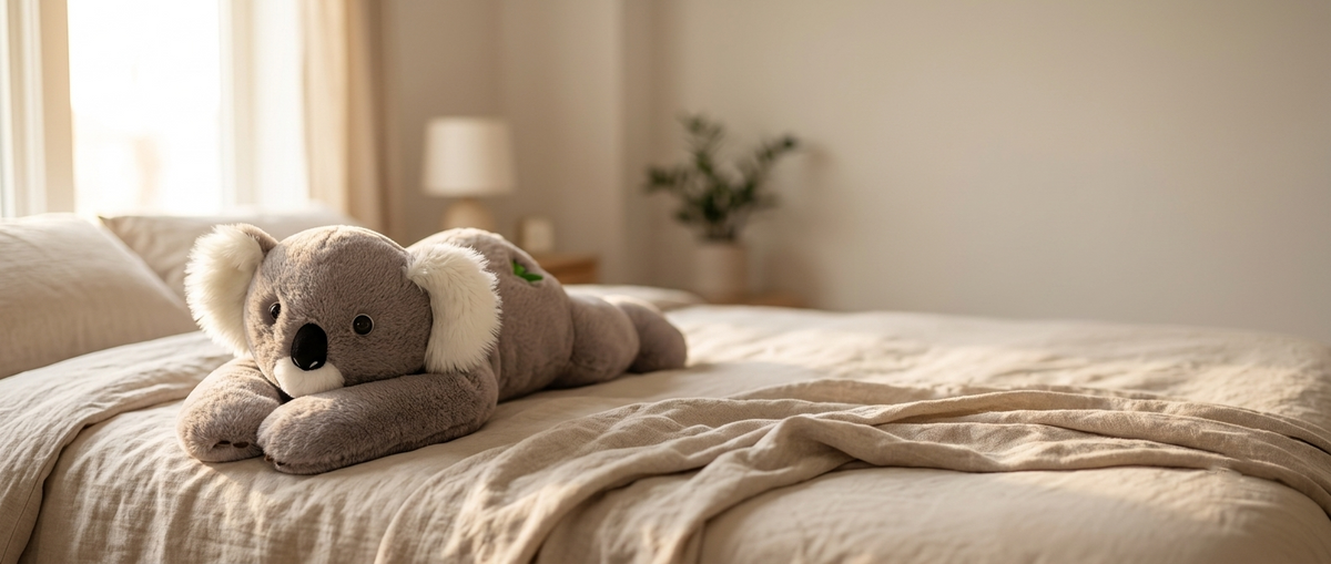 A plush koala toy lying on a neatly made bed in a softly lit bedroom. The toy is taupe gray with white ears and a small green leaf detail on its back.