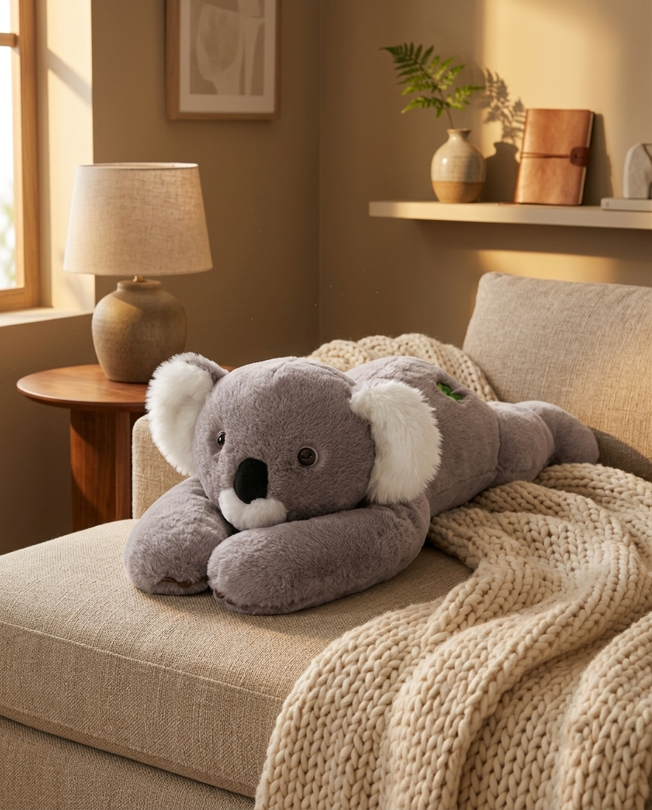 A plush koala toy resting on a beige upholstered sofa in a warm, sunlit living room. The sofa is covered with a chunky cream knit blanket, with a wooden side table, table lamp, and wall shelf visible in the background.