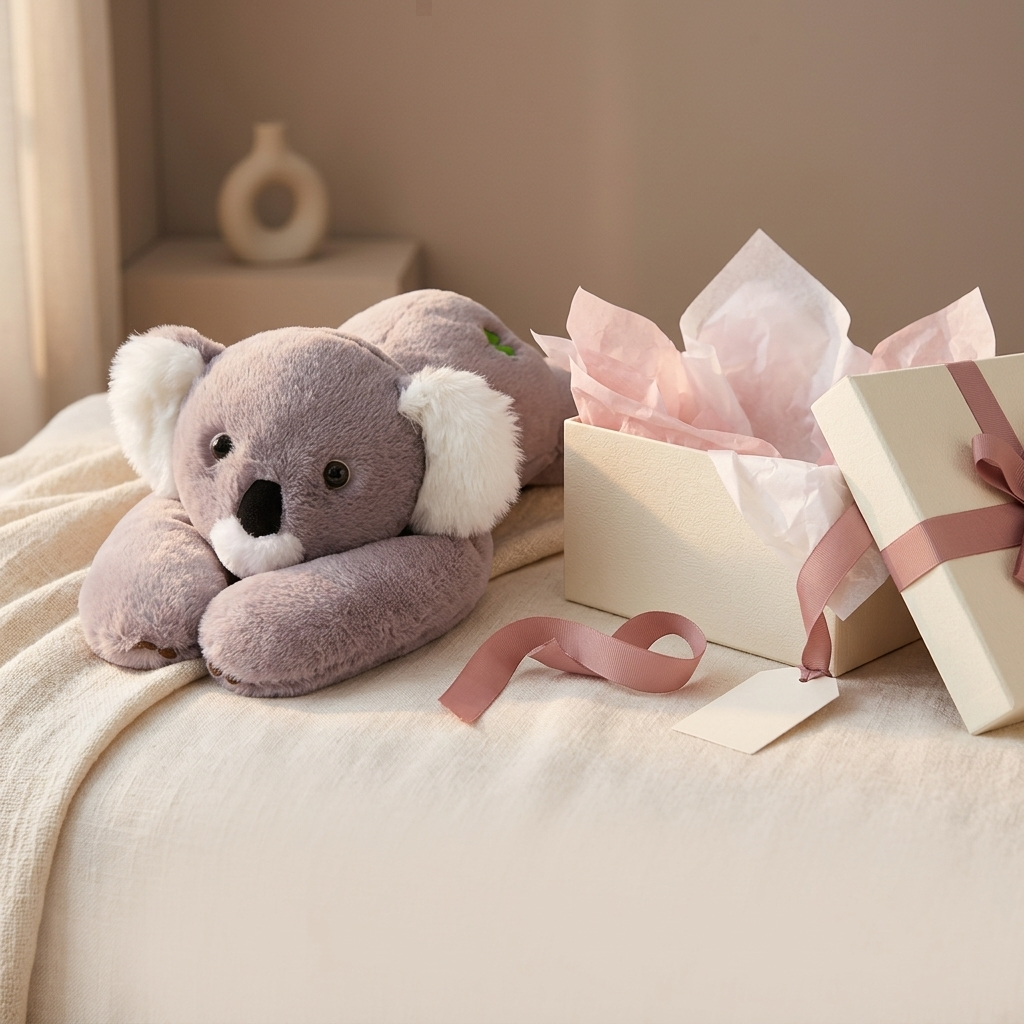 A plush koala toy resting on a cream bed beside open gift boxes with pink tissue paper and a pink ribbon, in a softly lit bedroom setting.
