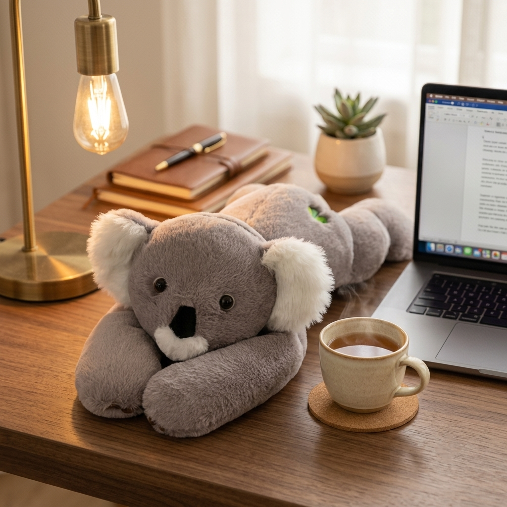A plush koala toy resting on a wooden desk beside a laptop, coffee cup, notebook, lamp, and small plant in a softly lit indoor setting.