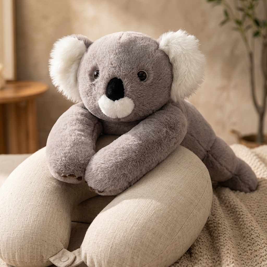 A plush koala toy with gray fur, white ears, and a black-and-white snout, resting on a beige U-shaped pillow in a softly lit indoor setting.