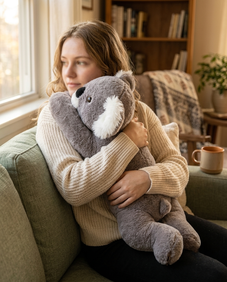 A woman in a cream ribbed sweater sits on a green couch, holding a large plush koala toy. The cozy living room background includes a bookshelf, a plant, and a mug on a side table.