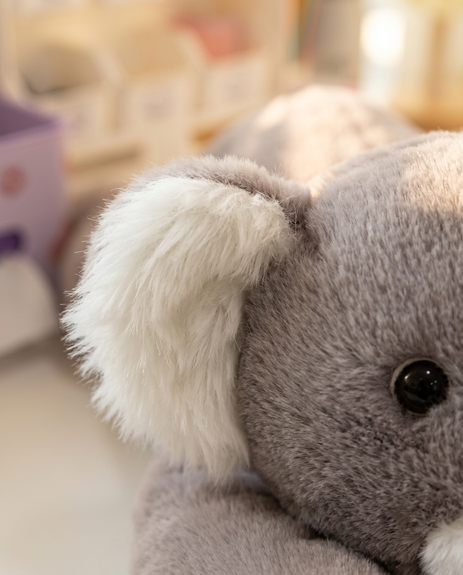 Close-up of a plush stuffed animal with gray fuzzy fur and a white inner ear, photographed in soft warm lighting with a blurred indoor background.