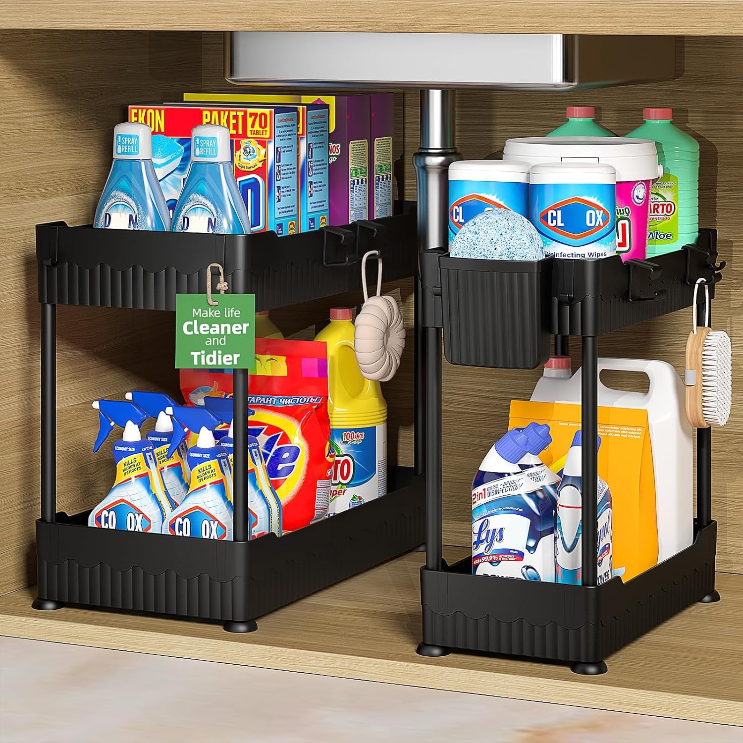 2 Pack Under Sink Organizer with Hooks - Multi-Purpose Storage Shelf for Kitchen & Bathroom in Sleek Black